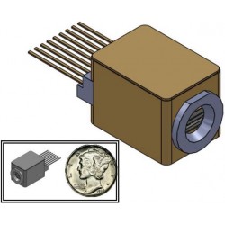 Schematic of DBR laser in Transmitter Optical Assembly (TOSA) packaging. Size comparison to US coin.